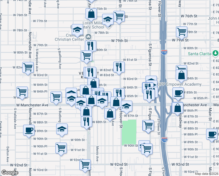 map of restaurants, bars, coffee shops, grocery stores, and more near 841 West 85th Street in Los Angeles