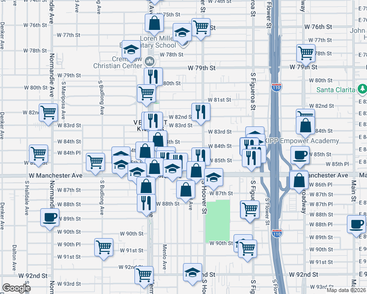map of restaurants, bars, coffee shops, grocery stores, and more near 841 West 85th Street in Los Angeles