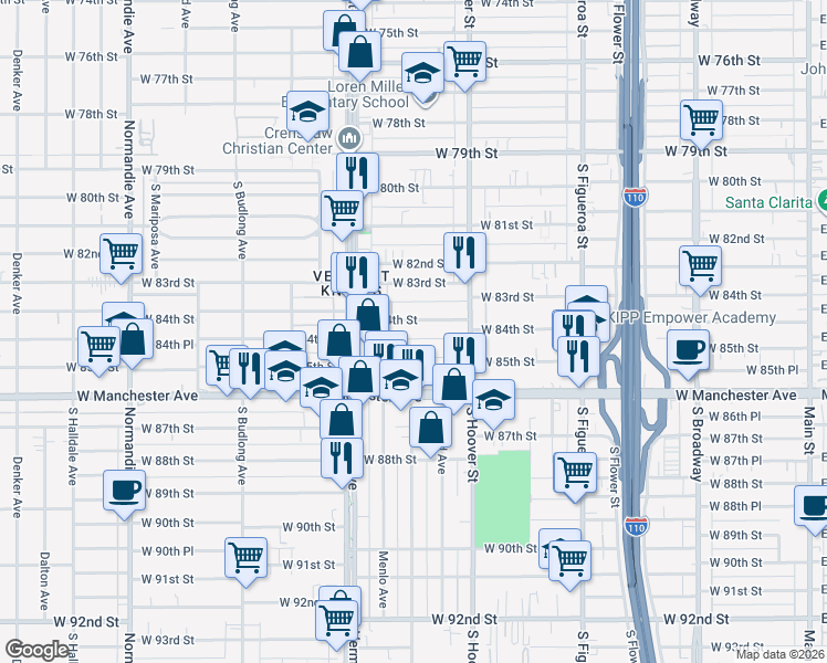map of restaurants, bars, coffee shops, grocery stores, and more near 925 1/2 West 85th Street in Los Angeles