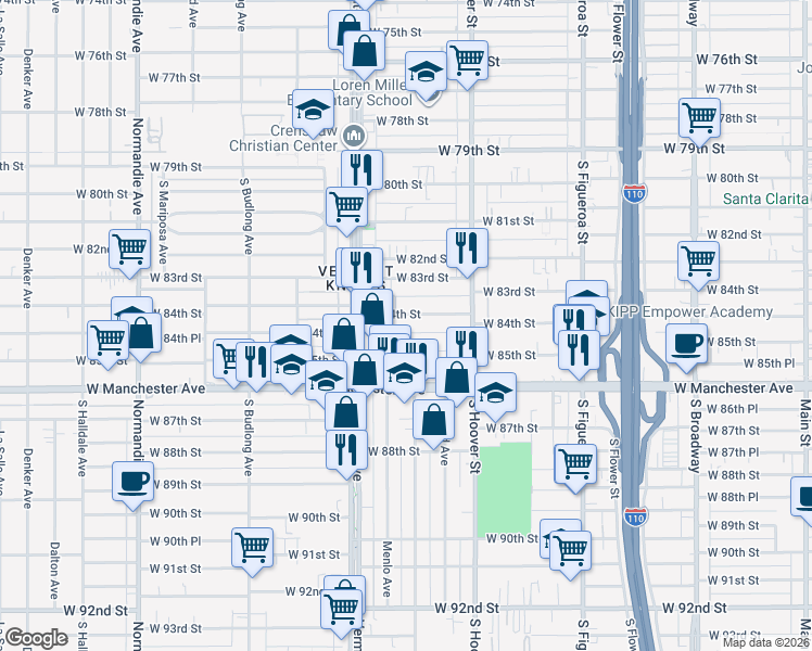 map of restaurants, bars, coffee shops, grocery stores, and more near 925 1/2 West 85th Street in Los Angeles