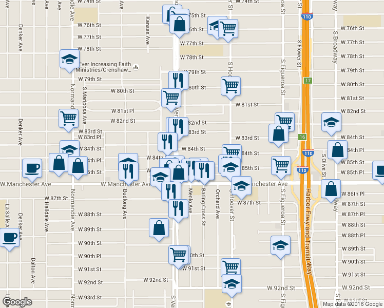 map of restaurants, bars, coffee shops, grocery stores, and more near 925 1/2 West 85th Street in Los Angeles