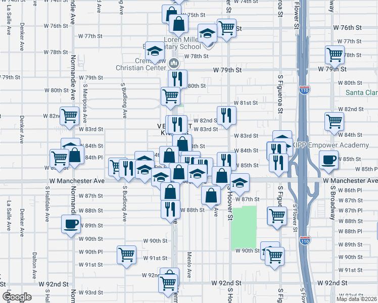 map of restaurants, bars, coffee shops, grocery stores, and more near 925 1/2 West 85th Street in Los Angeles