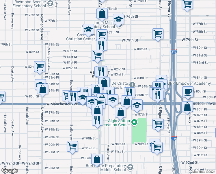 map of restaurants, bars, coffee shops, grocery stores, and more near 925 1/2 West 85th Street in Los Angeles