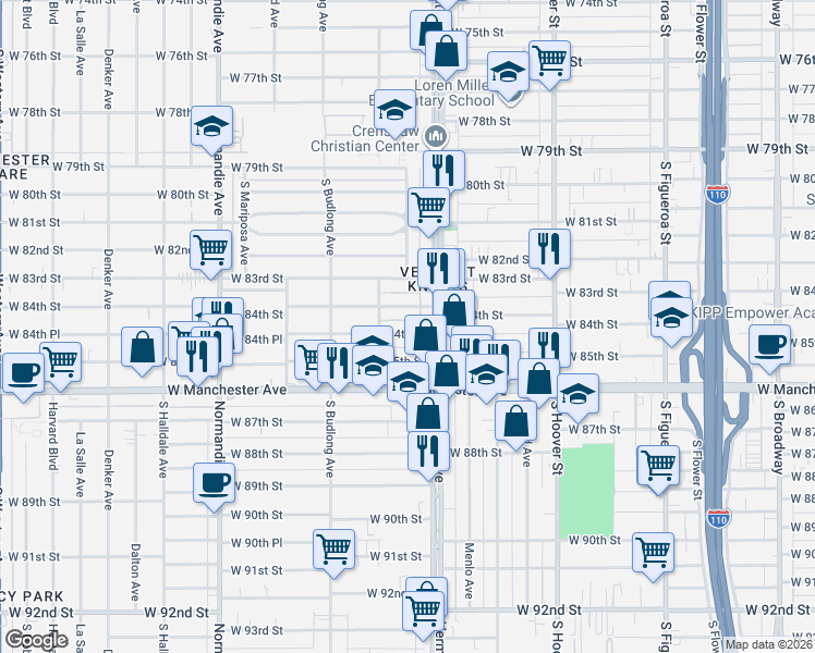 map of restaurants, bars, coffee shops, grocery stores, and more near 1032 West 84th Place in Los Angeles