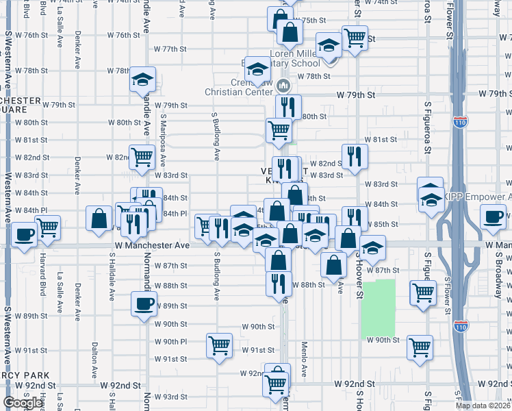 map of restaurants, bars, coffee shops, grocery stores, and more near 1032 West 84th Place in Los Angeles