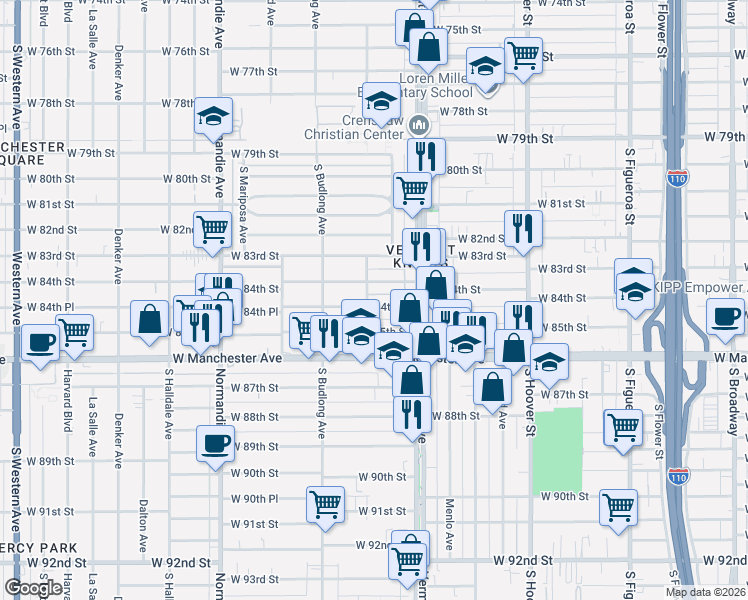 map of restaurants, bars, coffee shops, grocery stores, and more near 1032 West 84th Place in Los Angeles