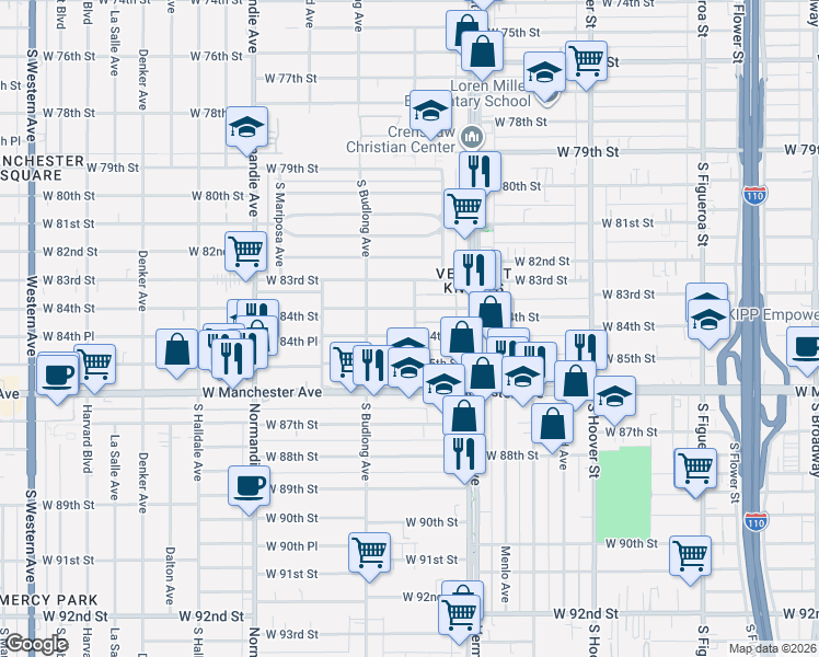 map of restaurants, bars, coffee shops, grocery stores, and more near 1110 West 84th Place in Los Angeles