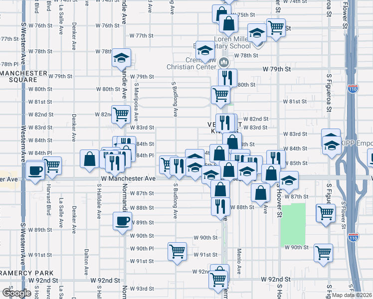 map of restaurants, bars, coffee shops, grocery stores, and more near 1110 West 84th Place in Los Angeles