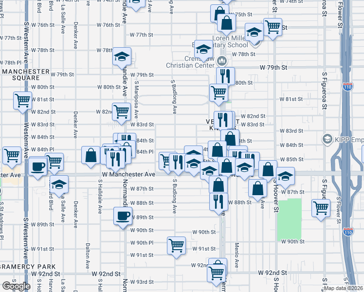 map of restaurants, bars, coffee shops, grocery stores, and more near 1200 West 84th Place in Los Angeles