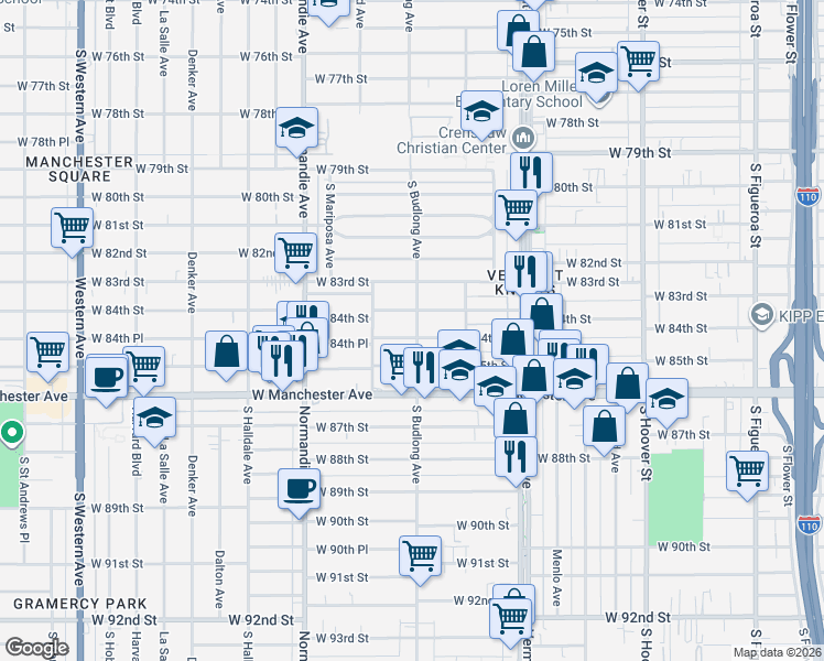 map of restaurants, bars, coffee shops, grocery stores, and more near 1200 West 84th Place in Los Angeles