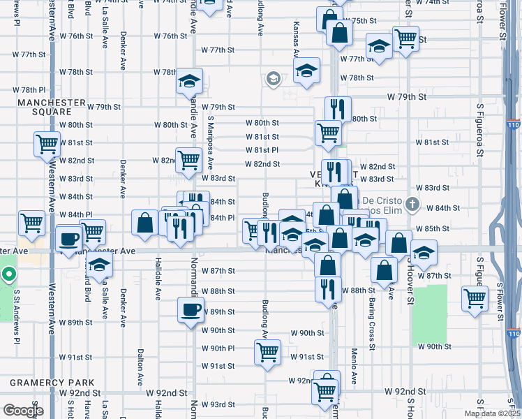 map of restaurants, bars, coffee shops, grocery stores, and more near 1200 West 84th Place in Los Angeles