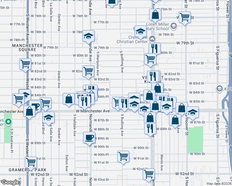 map of restaurants, bars, coffee shops, grocery stores, and more near 1244 West 84th Place in Los Angeles