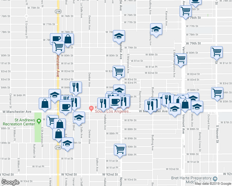 map of restaurants, bars, coffee shops, grocery stores, and more near 8451 South Normandie Avenue in Los Angeles