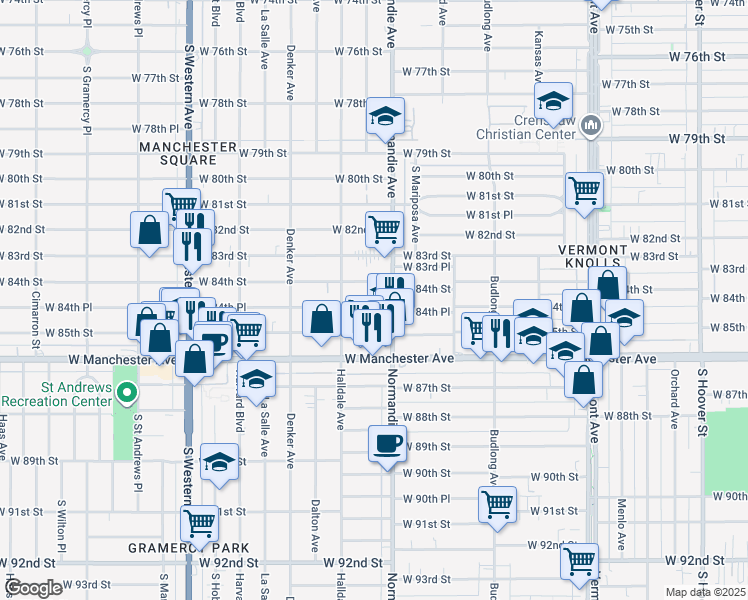 map of restaurants, bars, coffee shops, grocery stores, and more near 8451 South Normandie Avenue in Los Angeles