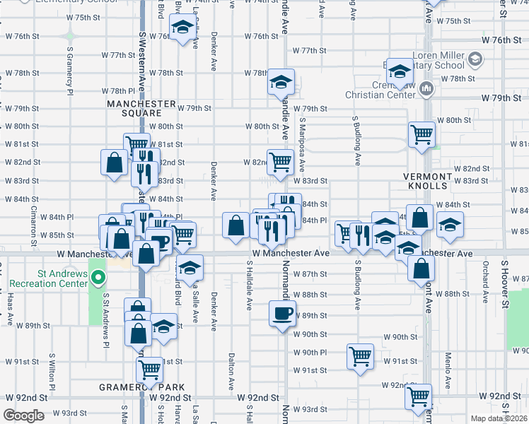 map of restaurants, bars, coffee shops, grocery stores, and more near 1448 West 84th Place in Los Angeles