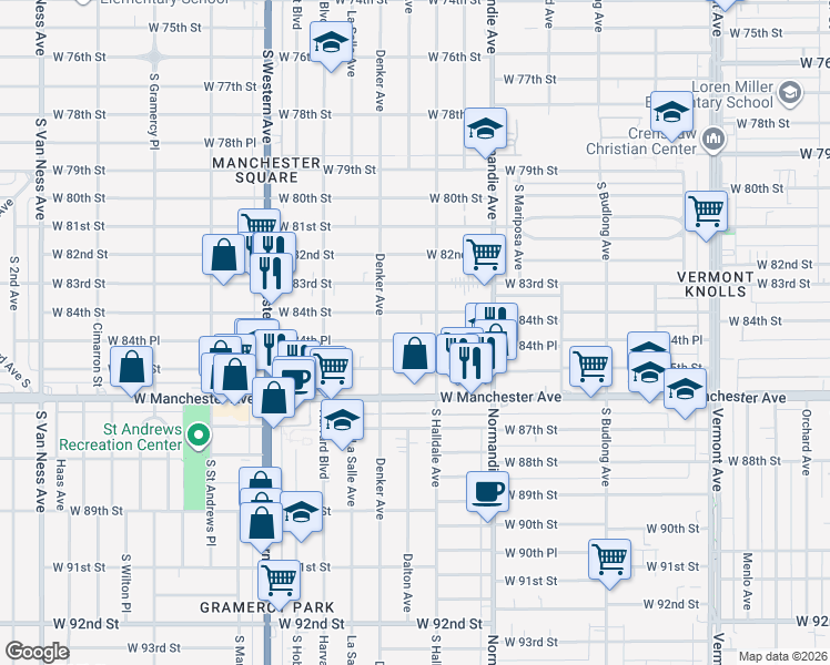 map of restaurants, bars, coffee shops, grocery stores, and more near 1526 West 84th Place in Los Angeles