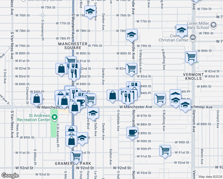 map of restaurants, bars, coffee shops, grocery stores, and more near 1526 West 84th Place in Los Angeles
