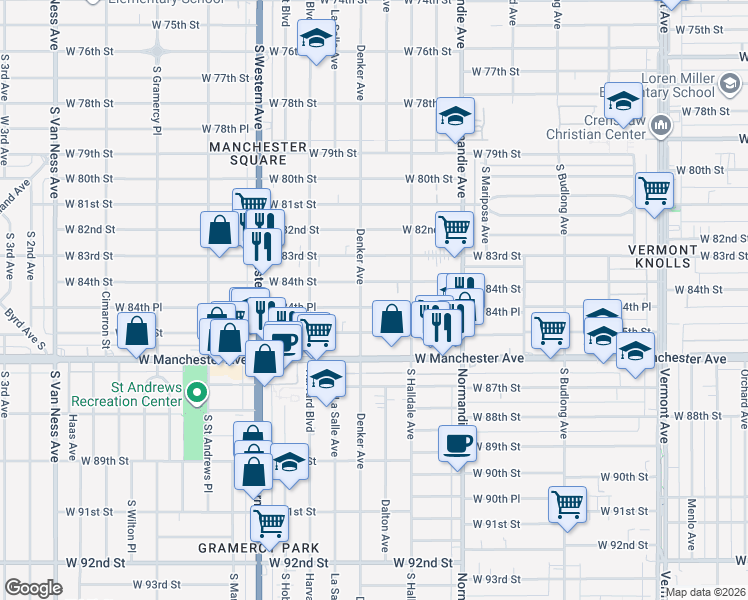 map of restaurants, bars, coffee shops, grocery stores, and more near 1526 West 84th Place in Los Angeles