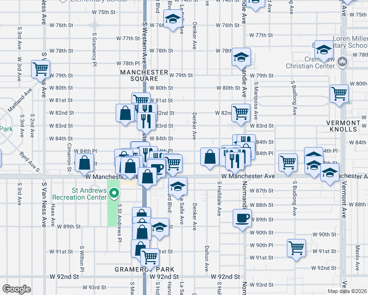 map of restaurants, bars, coffee shops, grocery stores, and more near 8459 South Denker Avenue in Los Angeles
