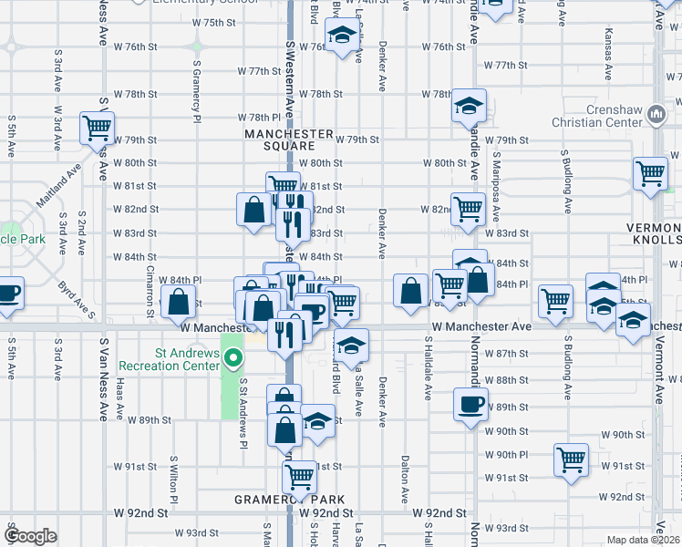 map of restaurants, bars, coffee shops, grocery stores, and more near 1652 West 84th Place in Los Angeles
