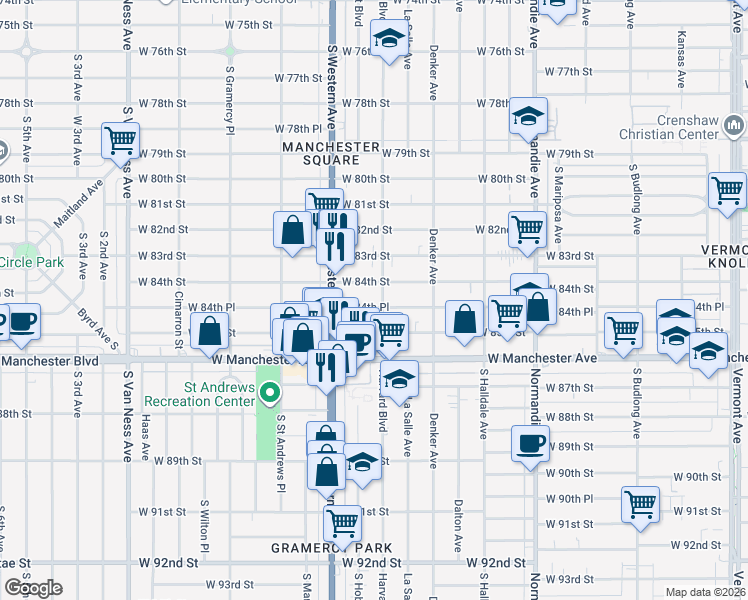 map of restaurants, bars, coffee shops, grocery stores, and more near 1652 West 84th Place in Los Angeles