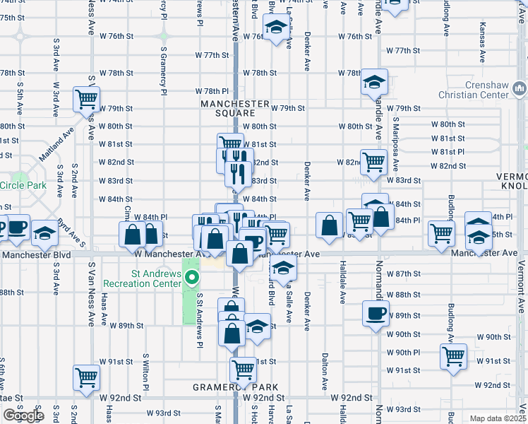 map of restaurants, bars, coffee shops, grocery stores, and more near 1732 West 84th Place in Los Angeles