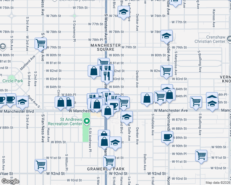 map of restaurants, bars, coffee shops, grocery stores, and more near 1732 West 84th Place in Los Angeles