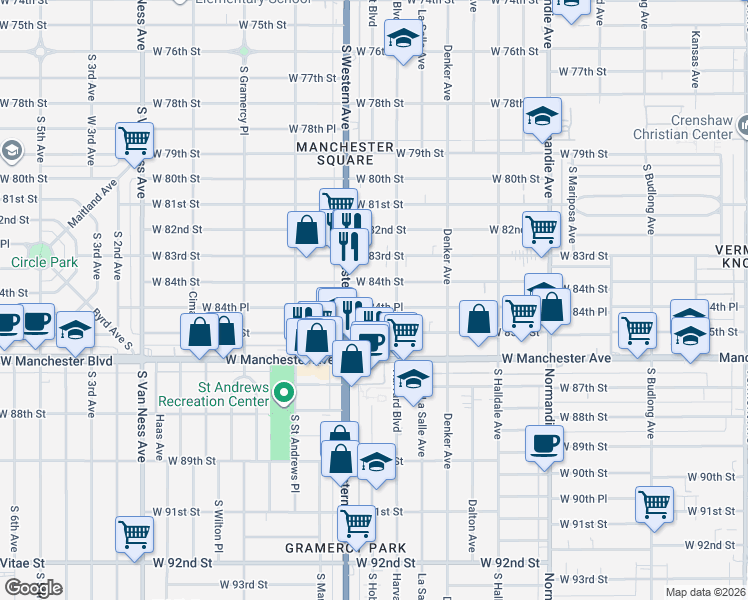 map of restaurants, bars, coffee shops, grocery stores, and more near 1732 West 84th Place in Los Angeles