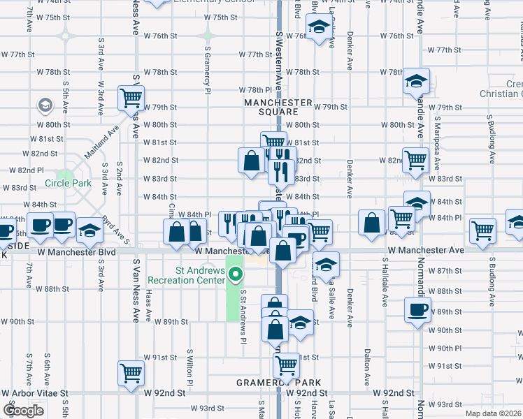 map of restaurants, bars, coffee shops, grocery stores, and more near 8459 South Western Avenue in Los Angeles