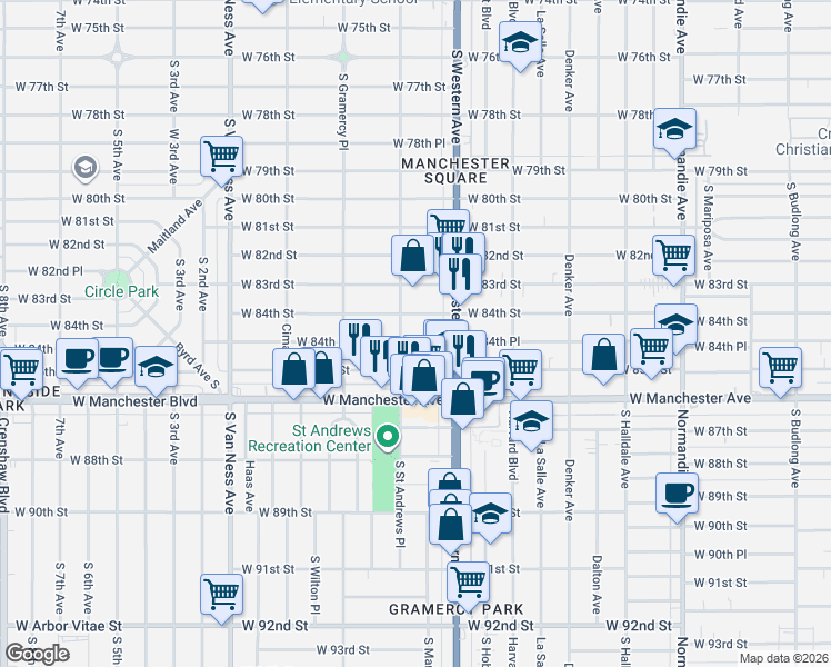 map of restaurants, bars, coffee shops, grocery stores, and more near 1858 West 84th Place in Los Angeles