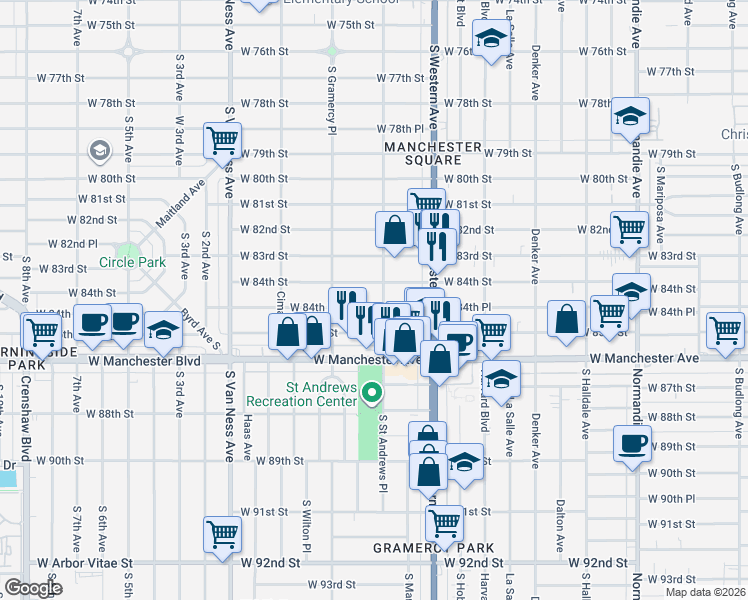 map of restaurants, bars, coffee shops, grocery stores, and more near 1858 West 84th Place in Los Angeles