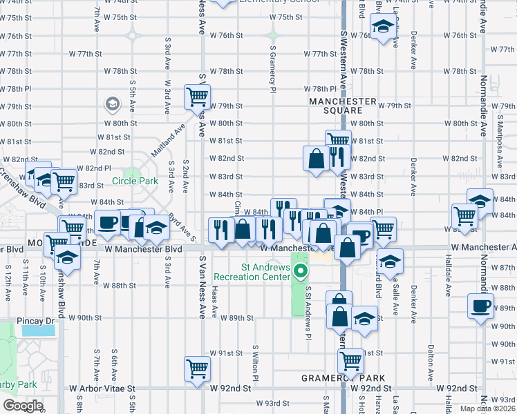 map of restaurants, bars, coffee shops, grocery stores, and more near 2014 West 84th Place in Los Angeles