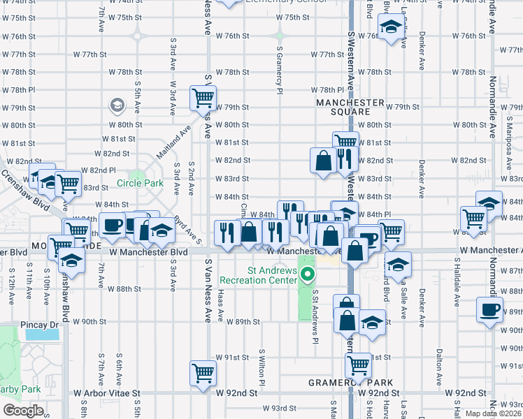 map of restaurants, bars, coffee shops, grocery stores, and more near 2014 West 84th Place in Los Angeles