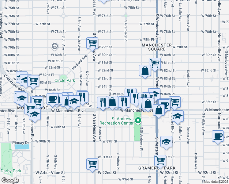map of restaurants, bars, coffee shops, grocery stores, and more near 2058 West 84th Place in Los Angeles