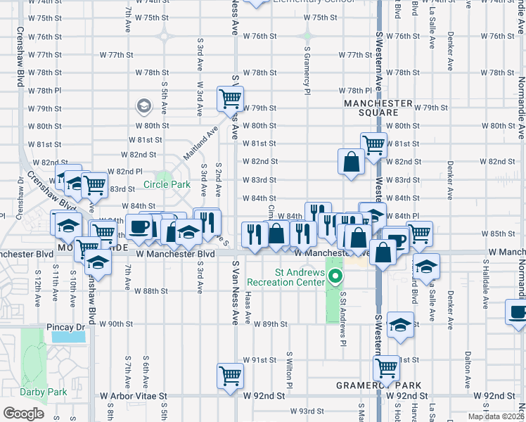map of restaurants, bars, coffee shops, grocery stores, and more near 2058 West 84th Place in Los Angeles