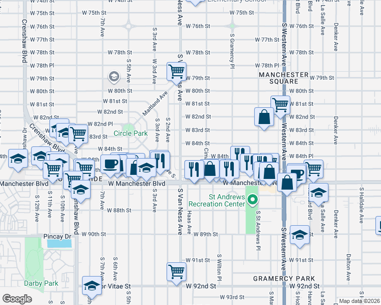 map of restaurants, bars, coffee shops, grocery stores, and more near 2140 West 84th Place in Los Angeles
