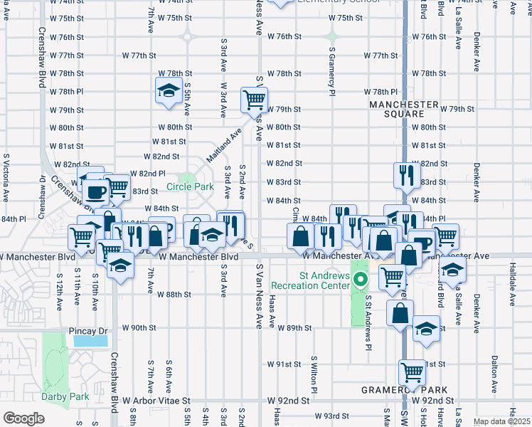 map of restaurants, bars, coffee shops, grocery stores, and more near 2140 West 84th Place in Los Angeles