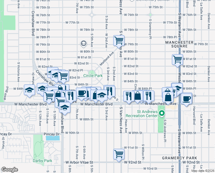 map of restaurants, bars, coffee shops, grocery stores, and more near 8457 Byrd Avenue South in Inglewood