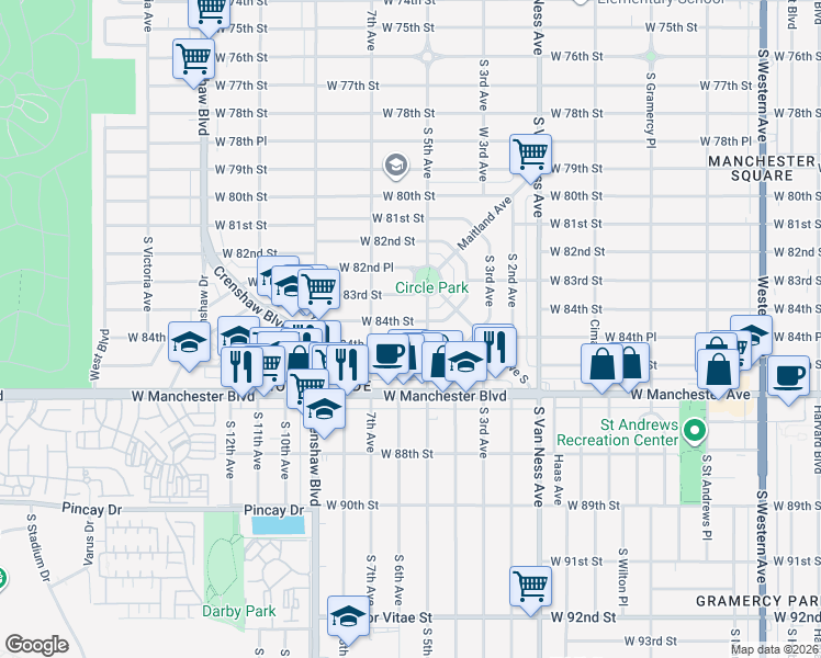 map of restaurants, bars, coffee shops, grocery stores, and more near 2716 West 84th Place in Inglewood
