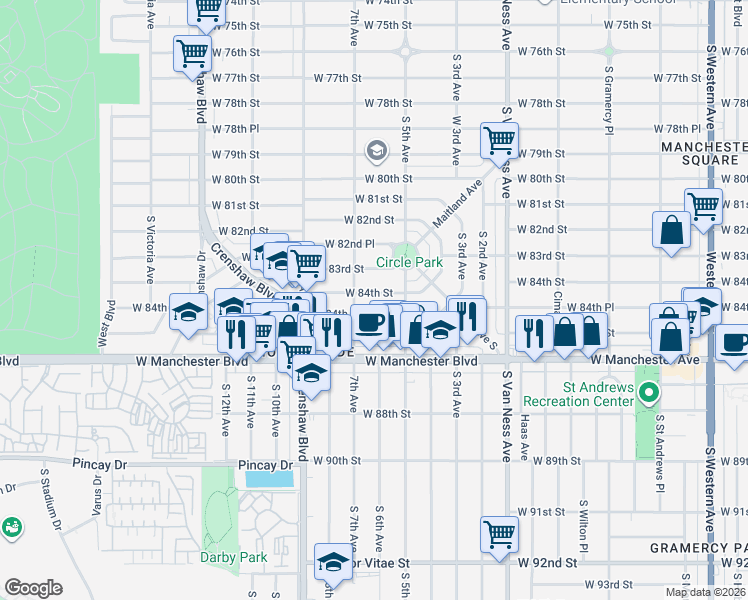 map of restaurants, bars, coffee shops, grocery stores, and more near 2716 West 84th Place in Inglewood