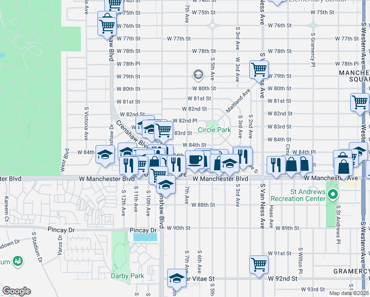 map of restaurants, bars, coffee shops, grocery stores, and more near 2900 West 84th Place in Inglewood