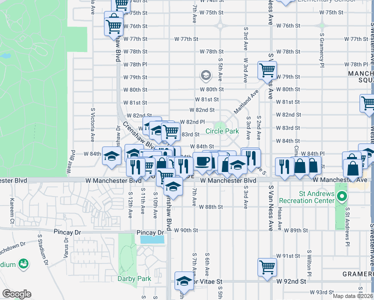 map of restaurants, bars, coffee shops, grocery stores, and more near 2900 West 84th Place in Inglewood