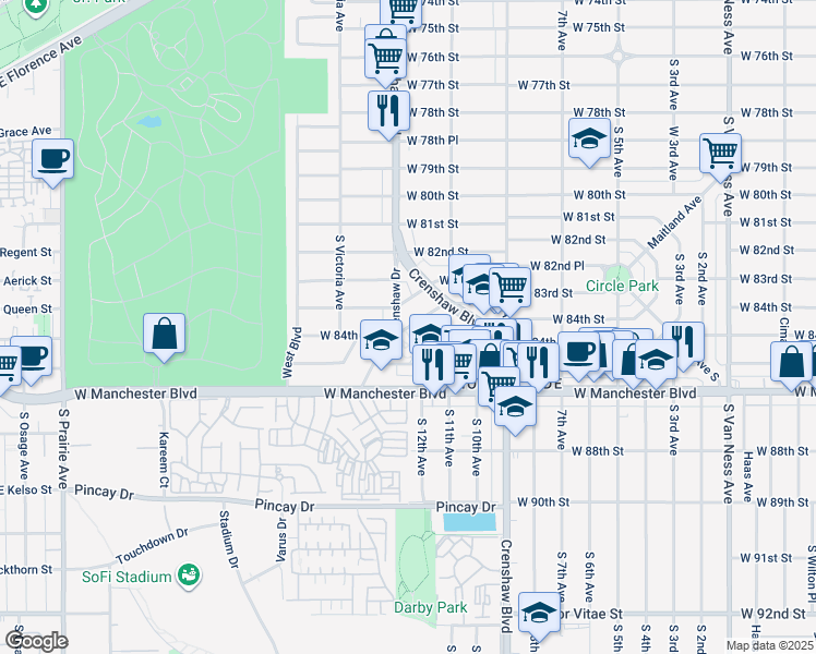 map of restaurants, bars, coffee shops, grocery stores, and more near 3394 West 84th Street in Inglewood