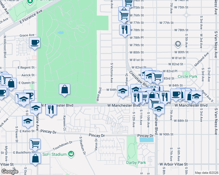 map of restaurants, bars, coffee shops, grocery stores, and more near 3508 West 84th Place in Inglewood