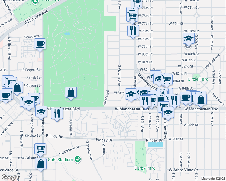 map of restaurants, bars, coffee shops, grocery stores, and more near 3508 West 84th Place in Inglewood