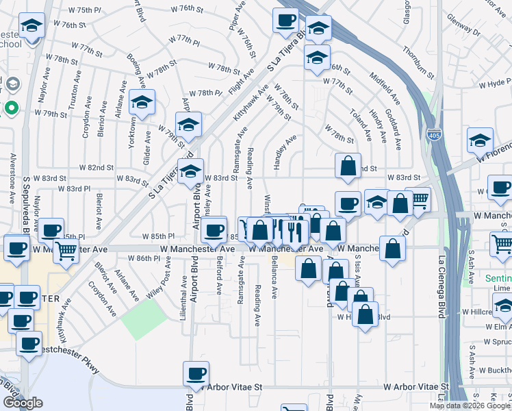 map of restaurants, bars, coffee shops, grocery stores, and more near 8421 Winsford Avenue in Los Angeles
