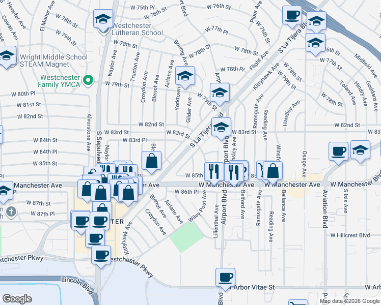 map of restaurants, bars, coffee shops, grocery stores, and more near 8449 Kittyhawk Avenue in Los Angeles