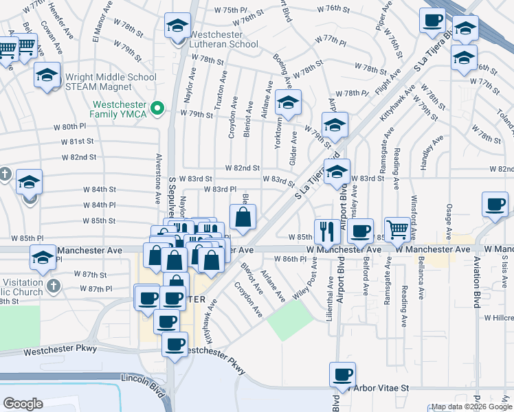 map of restaurants, bars, coffee shops, grocery stores, and more near 8500 Flight Avenue in Los Angeles