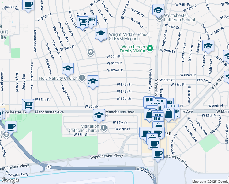 map of restaurants, bars, coffee shops, grocery stores, and more near 6521 West 85th Street in Los Angeles