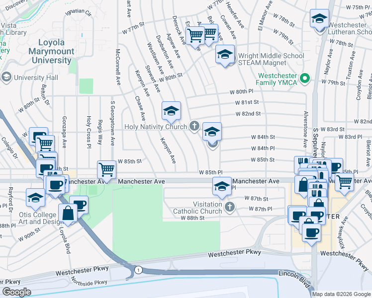 map of restaurants, bars, coffee shops, grocery stores, and more near 8364 Stewart Avenue in Los Angeles